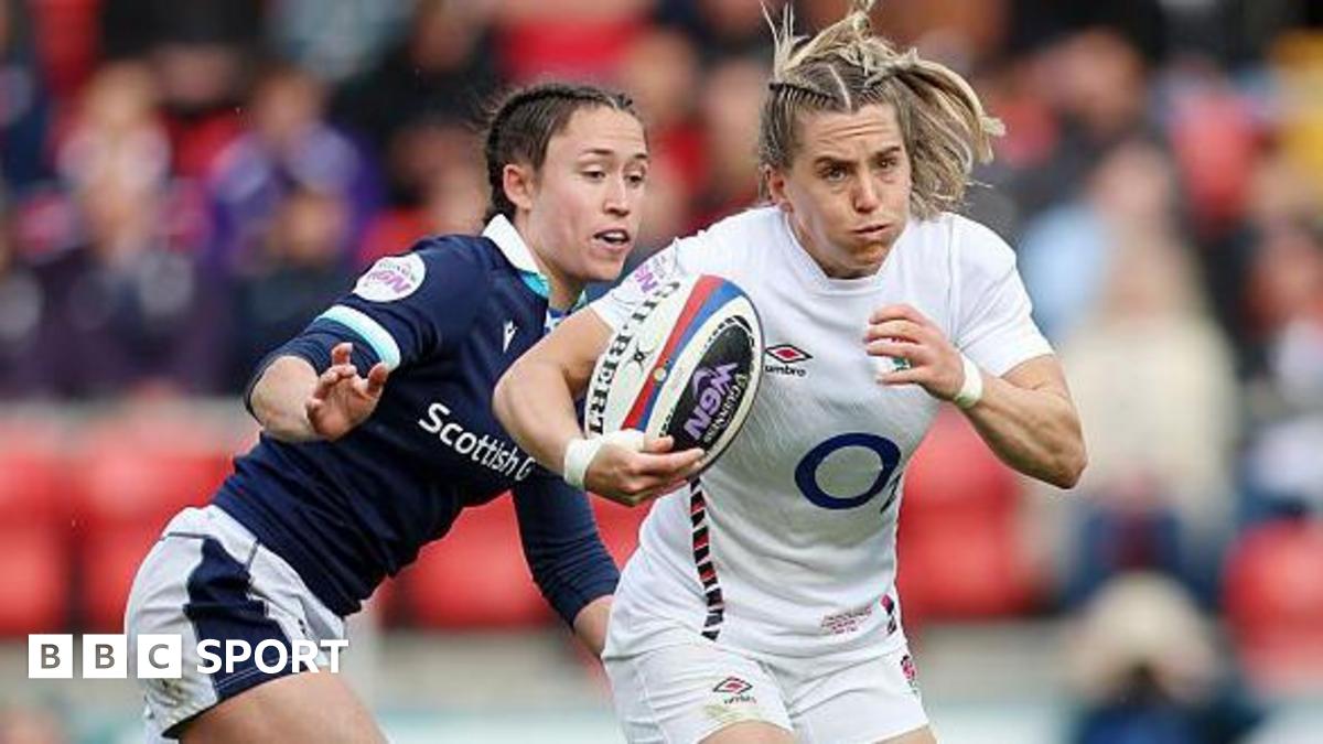Claudia MacDonald of England breaks past Rhona Lloyd and Chloe Rollie of Scotland during the Guinness Women's Six Nations 2025 match