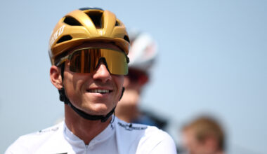 Soudal Quick-Step's Belgian rider Remco Evenepoel wearing the best young rider's white jersey reacts prior to the 2nd stage of the 77th edition of the Criterium du Dauphine cycling race, 204,6 km between PrÃ©milhat and Issoire, on June 9, 2025. (Photo by Anne-Christine POUJOULAT / AFP)