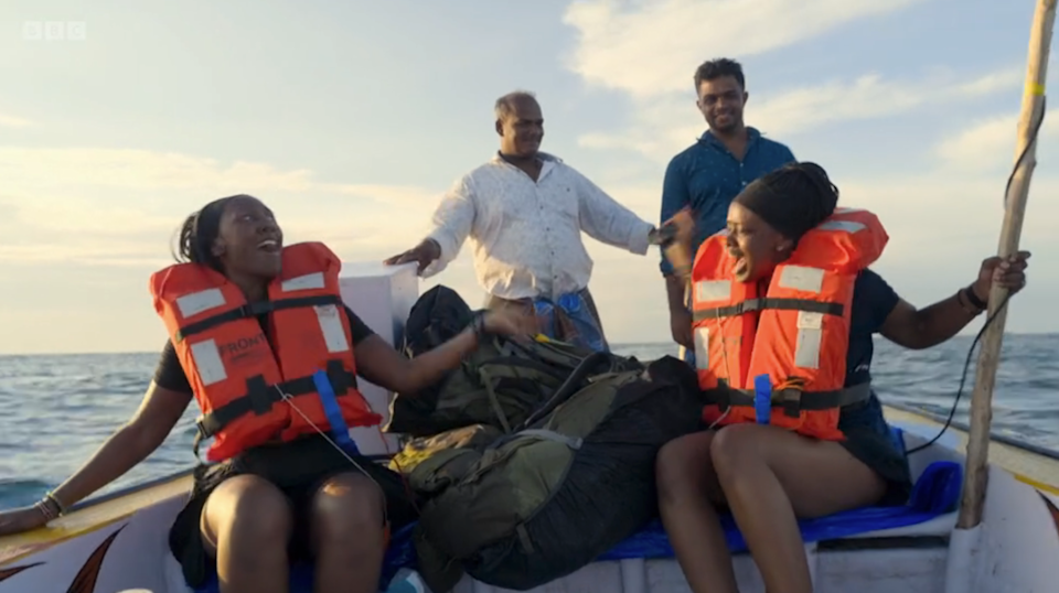 Letitia and Elizabeth are racing on speedboats on Race Across the World. (BBC)