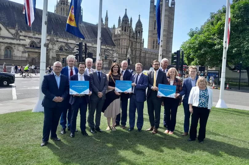 left to right - Lee Barron MP, Danny Kruger MP, Kevin Bonavia MP, Peter Dowd MP, Chris McDonald MP, Cat Eccles MP, Jim Dickson MP, Graeme Downie MP, Freddie van Mierlo MP, John Milne MP, Susan Murray MP, Stainbank MP, Liz Twist MP at Westminster backing the Duchenne UK Time is Muscle campaign
