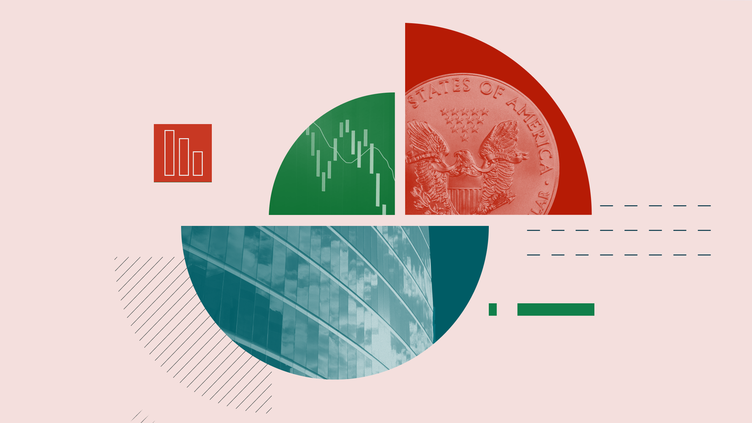 Collage illustration featuring a one U.S. dollar coin, a ticker board showing a negative market trend, and an office building.