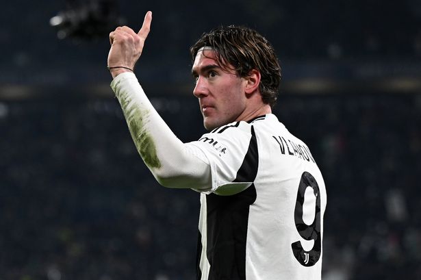 Dusan Vlahovic of Juventus celebrates his goal during the UEFA Champions League 2024/25 League Phase MD6 match between Juventus and Manchester City at Juventus Stadium on December 11, 2024 in Turin, Italy.