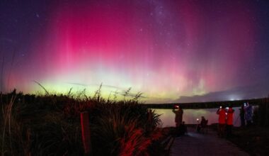 a group of people stand at the edge of a body of water to view bring yellow white and magenta waves of ionized gas in Earth
