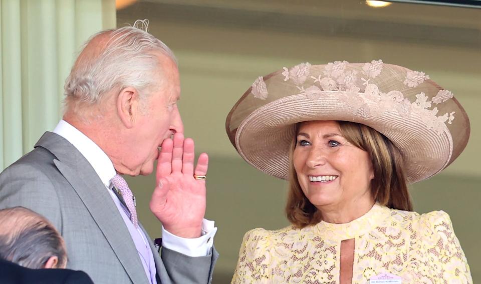 ascot, england june 18: king charles iii and carole middleton chat on the balcony during day two of royal ascot at ascot racecourse on june 18, 2025 in ascot, england. (photo by chris jackson/getty images)