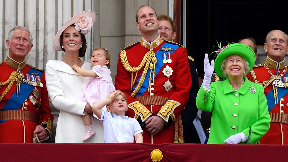 Queen Elizabeth, Prince Philip, Prince William, Prince Charles, Prince Harry, Princess Kate, Princess Charlotte and Prince George on the balcony at Buckingham Palace,