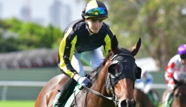 Angela Jones comes back to scale aboard Floozie after winning the Listed Silk Stocking at the Gold Coast in May 10. Picture: Bethany Allday / Trackside Photography