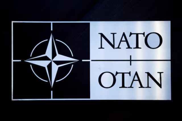 The logo of NATO is seen at a meeting of the North Atlantic Council in the NATO defence ministers' session together with Sweden as the invitee, at the Alliance's headquarters in Brussels, Belgium February 15, 2024. REUTERS/Johanna Geron/File Photo