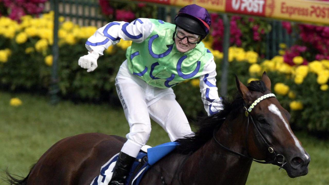 25 Feb 2006 - Caulfield Races - race 8 Blue Diamond Stakes - Jockey Craig on Newitt  Snitzel after their winin the Oakleigh Plate. sport horseracing action