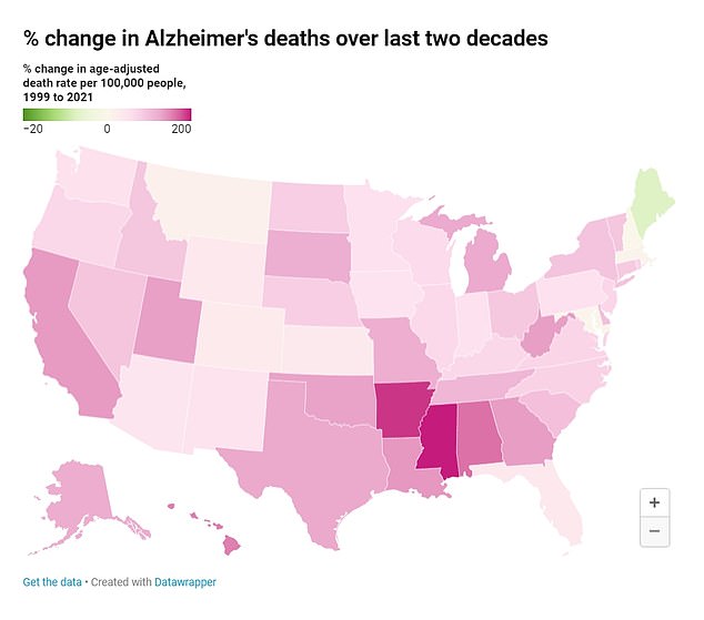 Every state except one has seen a surge in Alzheimer's fatalities between 1999 and 2021, data from the Centers for Disease Control and Prevention ( CDC ) shows