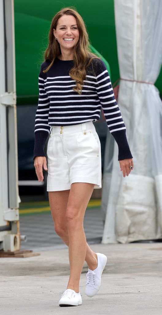 Kate Middleton, the Princess of Wales is seen wearing white shorts and a Breton-striped top