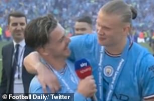 Haaland stole the show during Grealish's post-match interview when Man City won the title in 2023