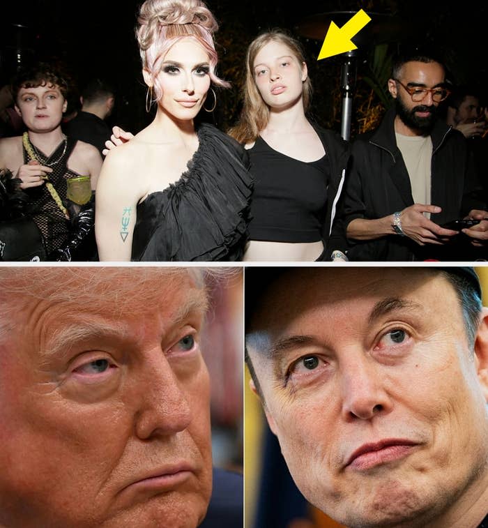 Four people at an event: two in stylish outfits, one with unique makeup. Below, close-ups of two well-known individuals with serious expressions