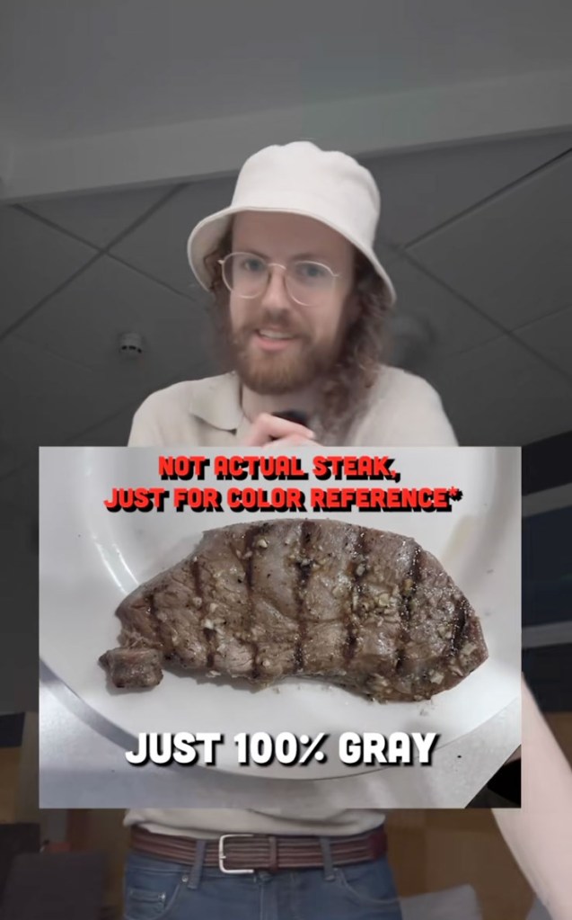 A man in a bucket hat shows a gray-scale image of a steak, stating it's for color reference.