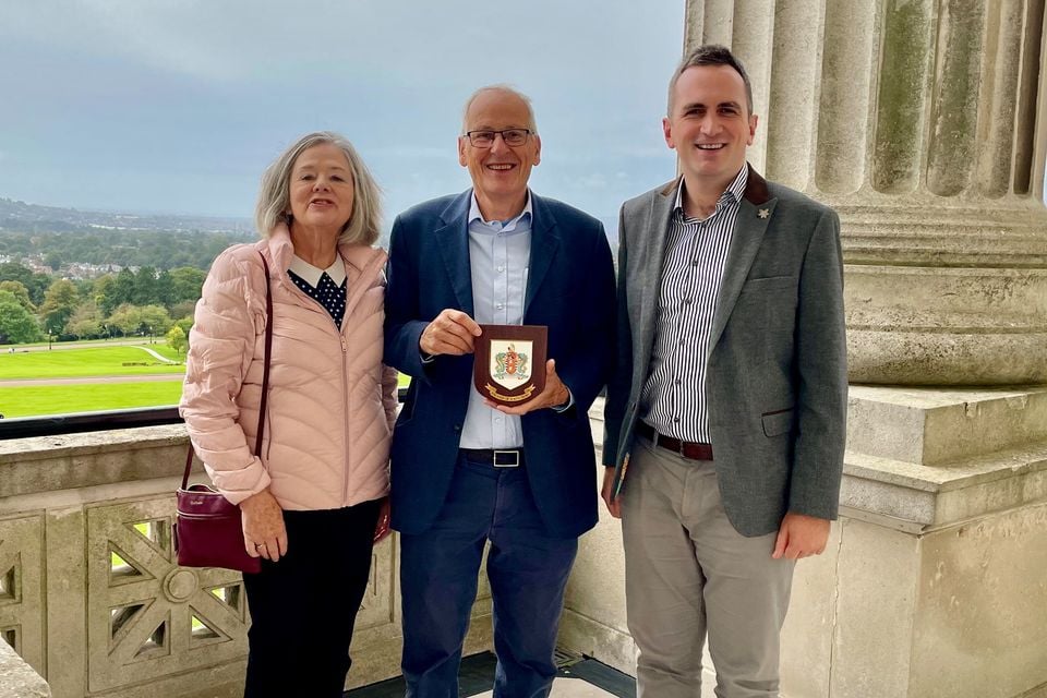 Robin and Rosemary Masefield with Stephen Dunne MLA at Parliament Buildings in September 2023 before the couple moved to England