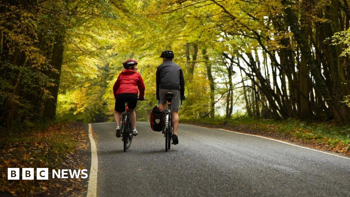 A man and a woman cycle along a rural road with trees on each side.
