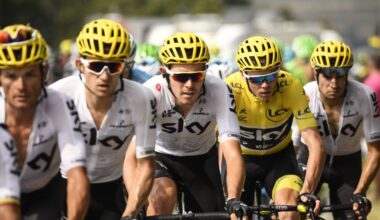 From L Belarus Vasil Kiryienka Polands Michal Kwiatkowski Great Britains Luke Rowe Great Britains Christopher Froome wearing the overall leaders yellow jersey and Spains Mikel Landa ride during the 2225 km nineteenth stage of the 104th edition of the Tour de France cycling race on July 21 2017 between Embrun and SalondeProvence AFP PHOTO Lionel BONAVENTURE Photo credit should read LIONEL BONAVENTUREAFP via Getty Images