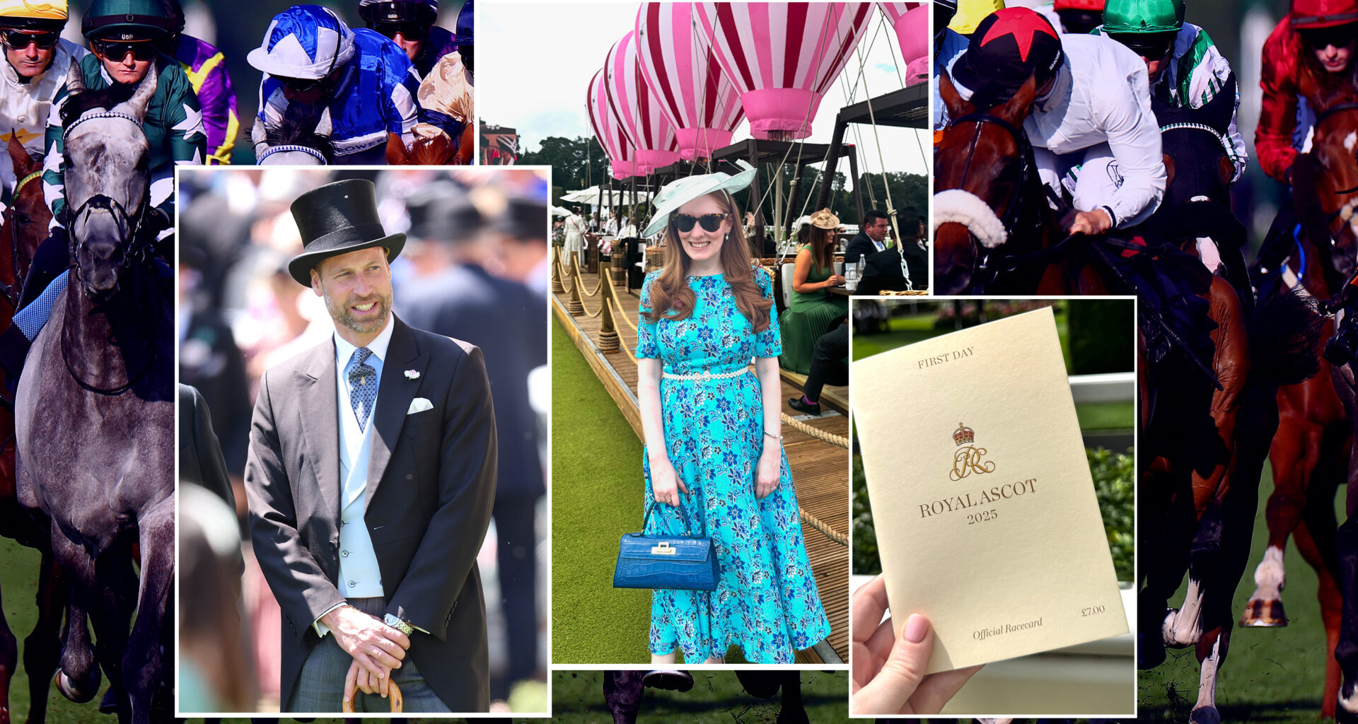 A collage featuring horse racing, Prince William in a top hat and suit, Kristin Contino posing in a blue dress with hot air balloons and a Royal Ascot program