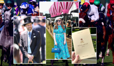 A collage featuring horse racing, Prince William in a top hat and suit, Kristin Contino posing in a blue dress with hot air balloons and a Royal Ascot program