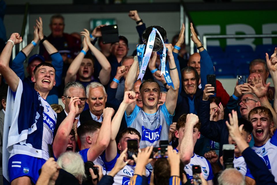 Waterford captain James Comerford and teammates celebrate with the Irish Press Cup after the Electric Ireland GAA All-Ireland MHC final. Photo: Brendan Moran/Sportsfile