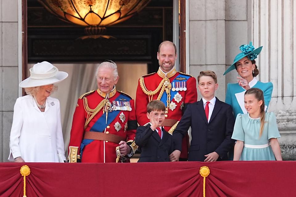 Queen Camilla, King Charles III, Prince Louis, the Prince of Wales, Prince George, the Princess of Wales and Princess Charlotte on the balcony of Buckingham Palace (PA)