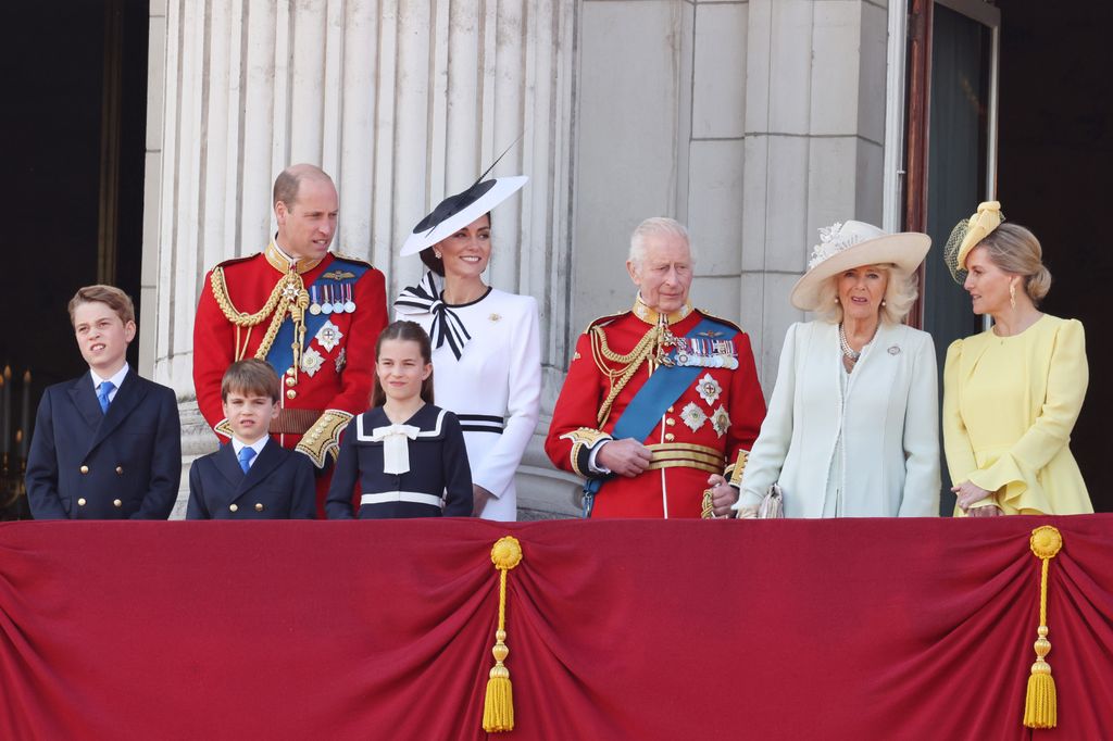 Prince George, Prince Louis, Princess Charlotte, Prince William, Princess Kate, King Charles, Queen Camilla and Duchess Sophie on Buckingham Palace balcony