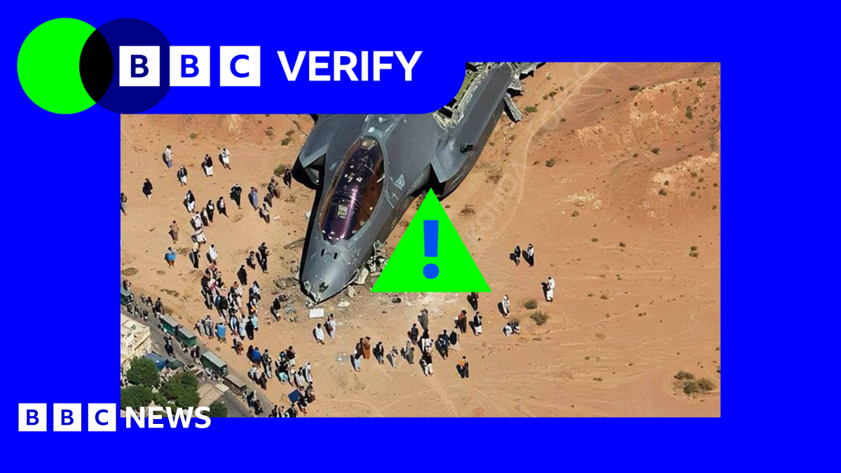 A promo image showing a fake image of an F-35 fighter which some users online claimed was show down in Iran. It is superimposed over the BBC Verify colours.
