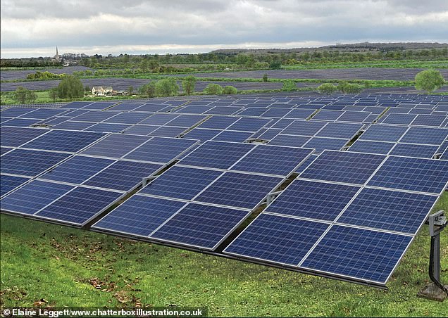 Artist's impression of what the same view could look like if the Blenheim Palace solar panel farm goes ahead