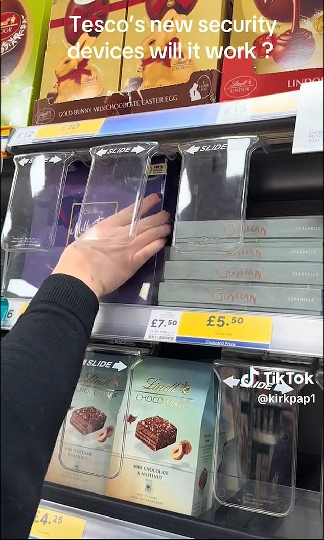 The contraptions are positioned loosely in front of store items and in footage uploaded to social media are seen being freely slid from left to right to uncover the goods