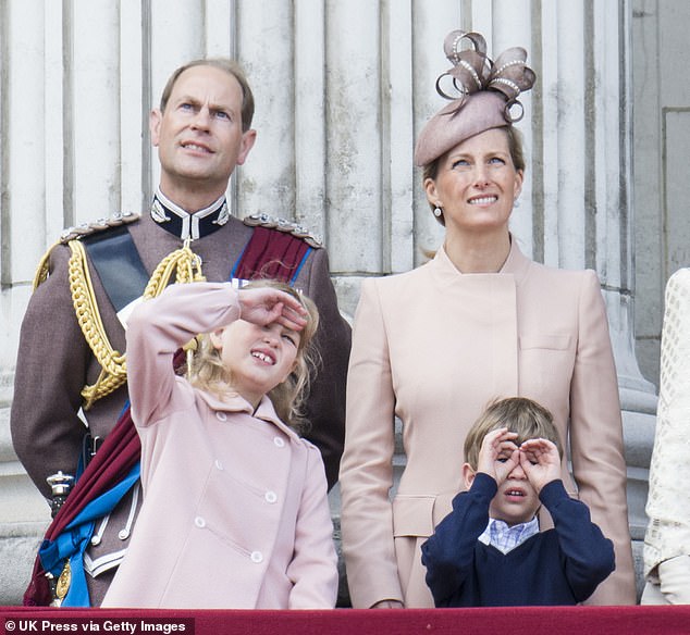 The now Duke and Duchess of Edinburgh are pictured with Louise and James at Trooping the Colour in 2013