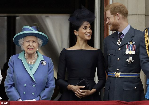 Harry and Meghan, pictured with the Queen on the Buckingham Palace balcony in July 2018, insisted they had the late monarch's permission to use her childhood nickname for their daughter