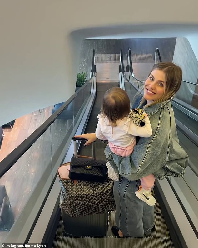 She flew first-class to England with her daughter late last month and brought her $19,230 Chanel bag (pictured)