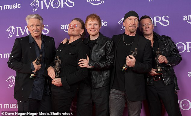 Adam Clayton, Bono, Ed Sheeran, The Edge and Larry Mullen Jr on May 22, 2025