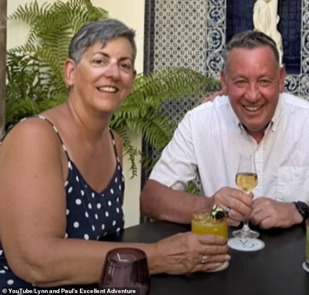 Now, the couple (pictured) are enjoying their extended vacation for about $80,000 a year after hopping on the cruise ship in April to take them to 147 countries, 425 ports and 100 tropical islands