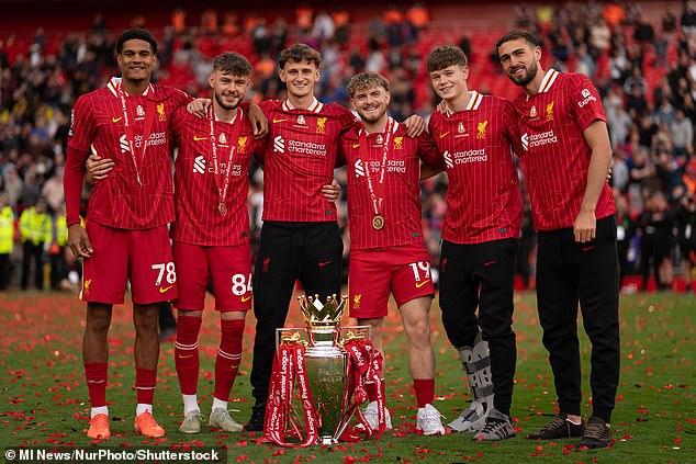 Harvey Elliott (3rd right) and Jarell Quansah (left) are both admired by Bayer Leverkusen
