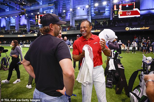 The baseball superstar chats with Tiger Woods on a visit to watch TGL back in February