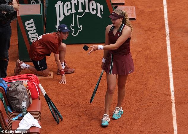 Andreeva (throwing the wrist band towards her bag) is the youngest woman this century to achieve back-to-back last-eight appearances