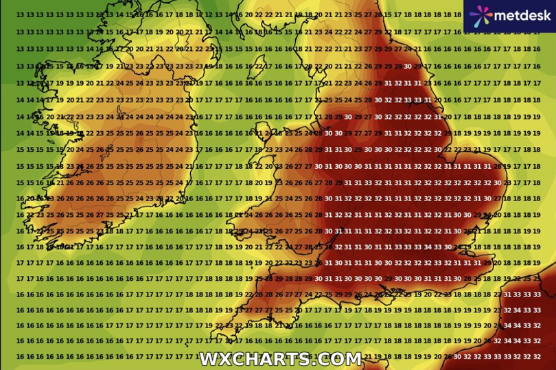 WX Charts have revealed the areas of the UK where 'heatwave-like temperatures' are expected