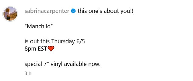 And the star seemed to take a dig at her ex as she penned: 'this one¿s about you!! ¿Manchild¿ is out this Thursday 6/5 8pm EST¿¿'