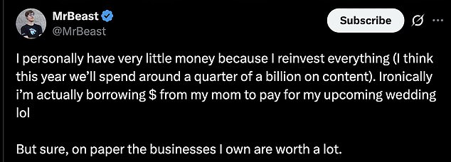 MrBeast publicly wrote that he has 'very little money' despite having an estimated $1 billion net worth