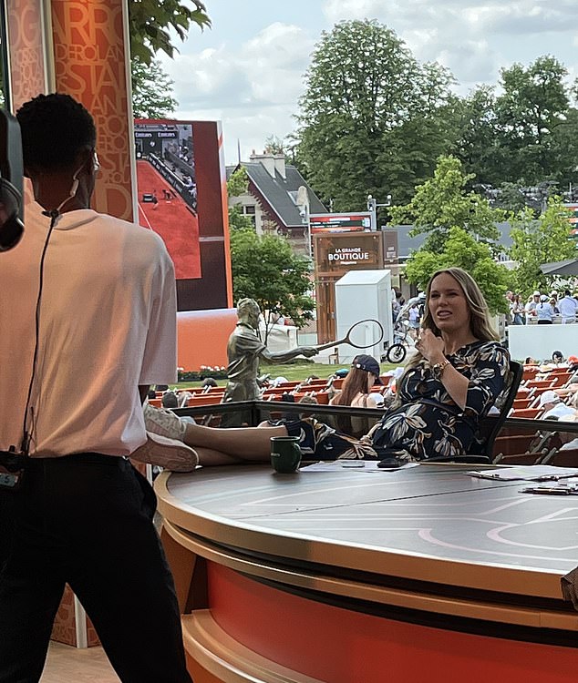 Next door former world No1 Caroline Wozniacki chats to Chris Eubanks about a backhand as they discuss a technical point during a break in TNT Sports coverage in the United States