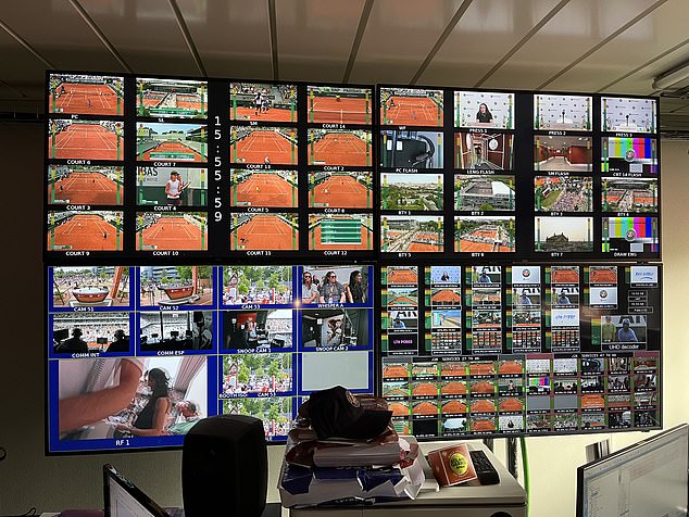 An enormous bank of screens covers 18 courts, with TNT Sports broadcasting in 49 countries