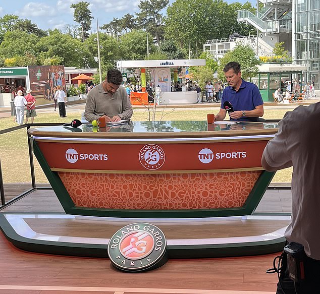 Host Craig Doyle and Tim Henman prepare for TNT Sports coverage from the UK studio