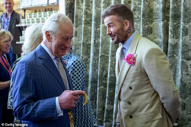 David Beckham wearing a David Austin Roses 'King's Rose' speaks with King Charles at the RHS Chelsea Flower Show -- May 20, 2025