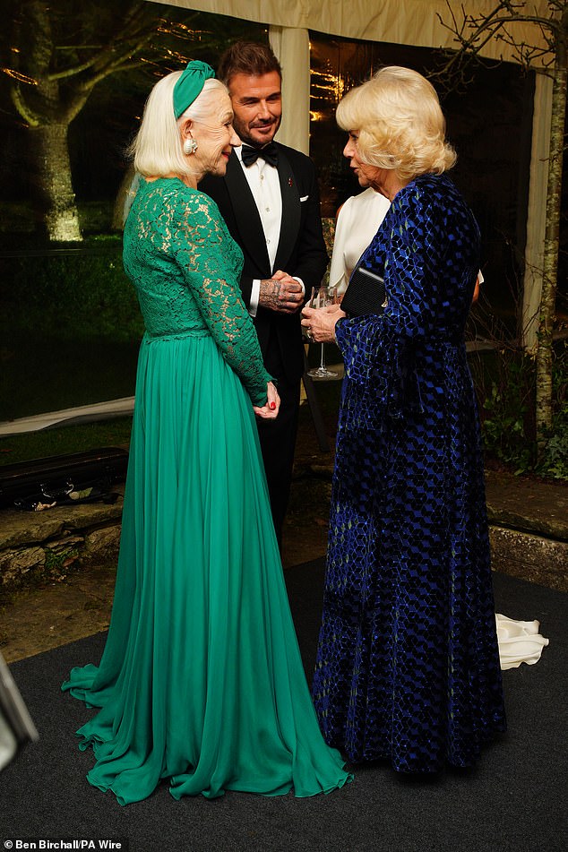 Queen Camilla talks with Dame Helen Mirren (left) and the Beckhams at King Charles's Gloucestershire estate, Highgrove House -- June, 2024