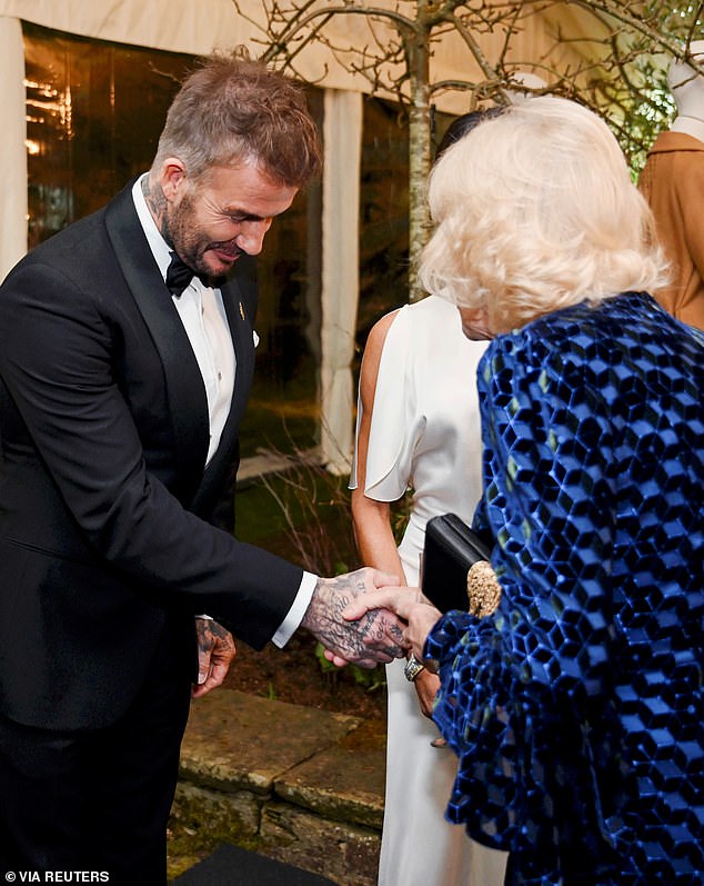 Beckham greets Queen Camilla during a dinner at Highgrove House -- February, 2025