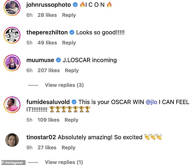 'This is your OSCAR WIN @jlo I CAN FEEL IT!!!!!!!!!' another excited fan declared along with a string of gold trophy emojis