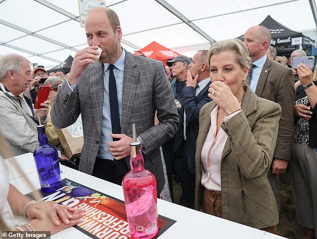 William's eyes widened after he took a sip of his gin drink at the Royal Cornwall Show after he and Sophie raised their cups at the show