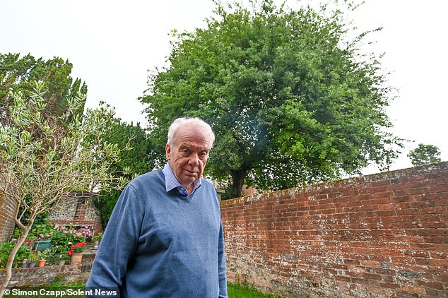 Pictured: Mark Pocock stood in his back garden with the tree behind him