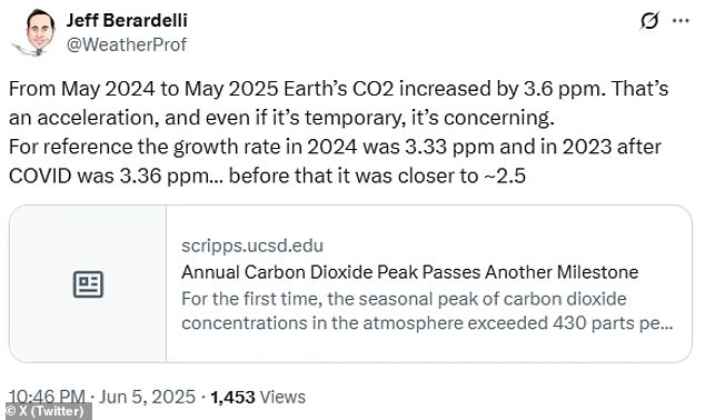 In a post on X, Jeff Berardelli, meteorologist and climate specialist for WFLA Tampa Bay, called the record 'concerning'