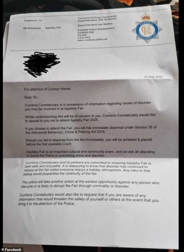 He also posted a copy of a letter he received on May 28th from the officers in charge of policing the fair, Superintendent Dan St Quintin and Superintendent Lee Skelton